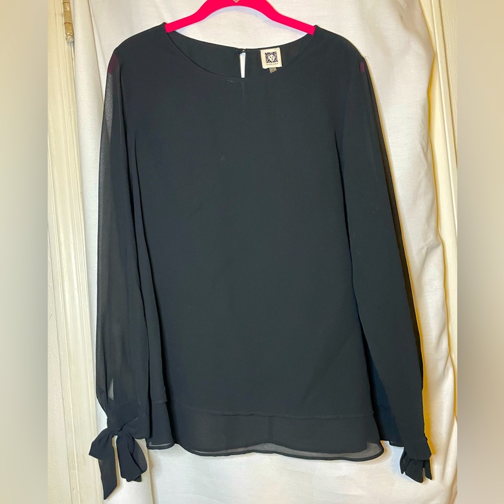 Anne Klein Semi Sheer Black Loose Fit Blouse Open Back Panel Sheer Sleeve Size S